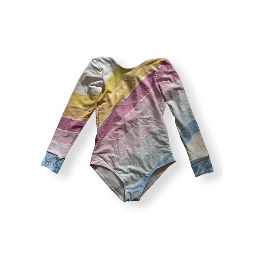 Saint Ida pastel striped swimsuit with velvet cuffs & tie in back